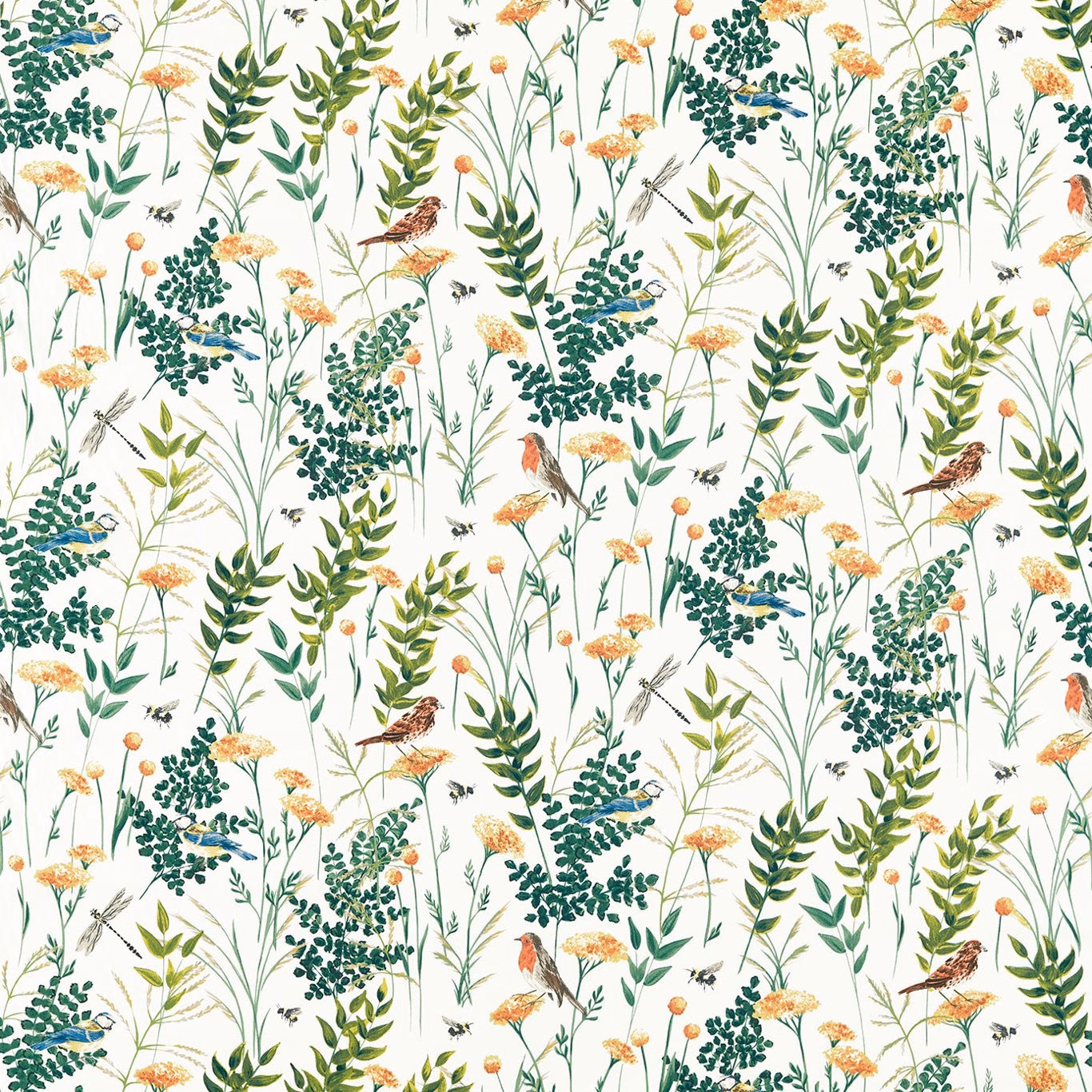 Off-white botanical print with deep green foliage, orange flowers and illustrated birds