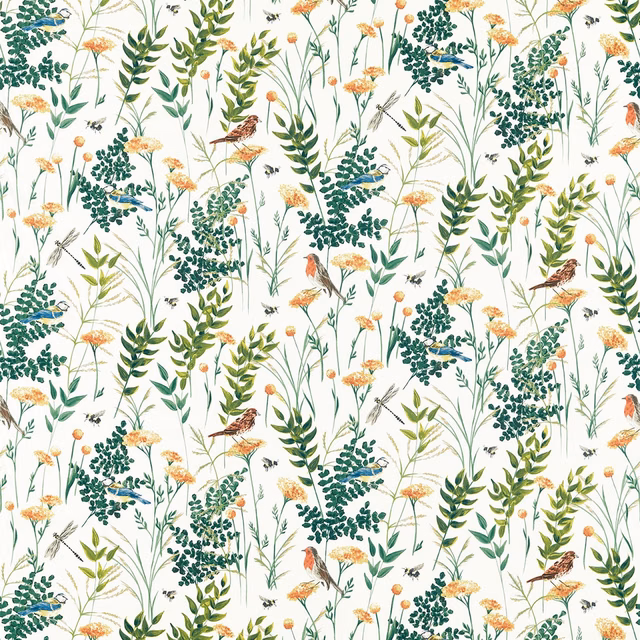 Off-white botanical print with deep green foliage, orange flowers and illustrated birds