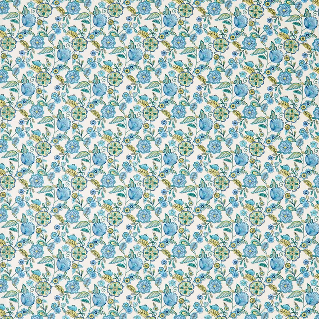 Cobalt and turquoise floral fabric with green leaves on a cream ground