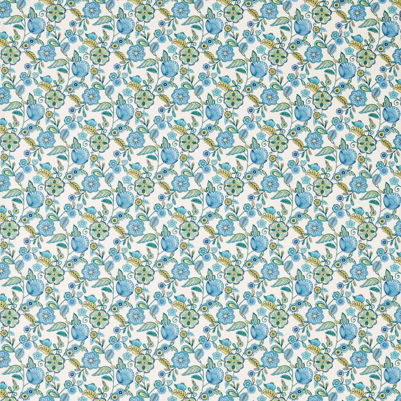 Dense cobalt blue and green floral sprigs with yellow detail on ivory ground