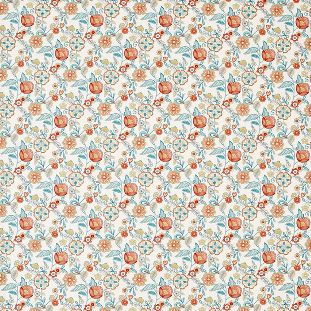 Cream floral fabric with coral tulips, teal leaves and fine multicoloured detail