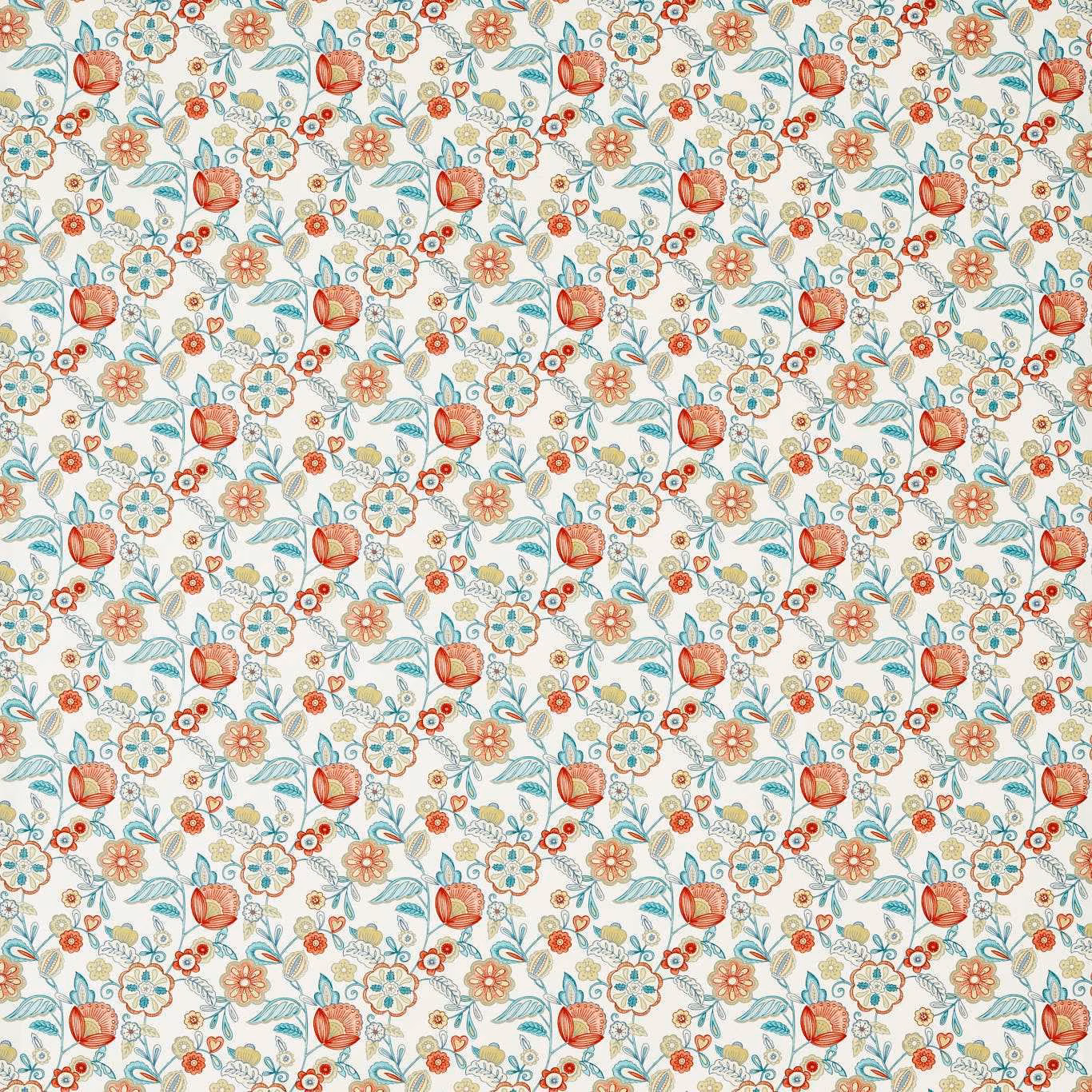 Warm cream floral fabric with coral blooms, teal flowers and leafy botanical sprigs