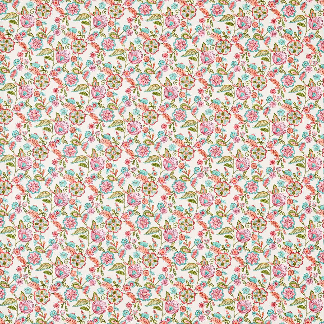 Dense small floral sprigs in pink, coral, green and turquoise on cream