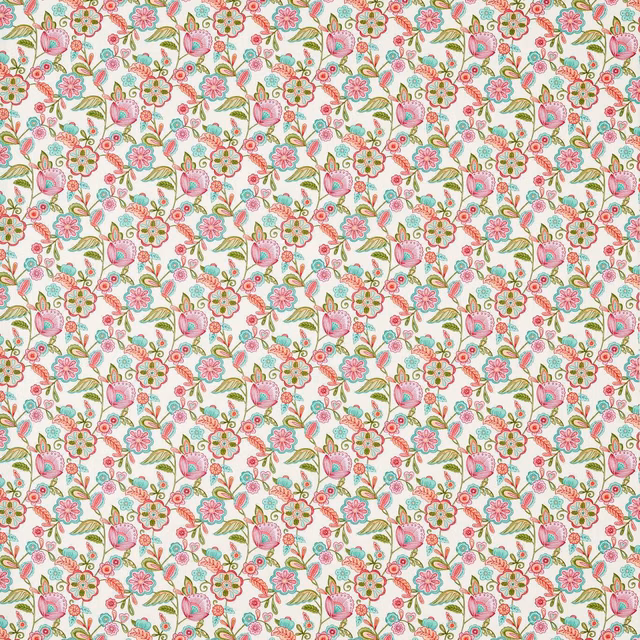 Dense small floral sprigs in pink, coral, green and turquoise on cream