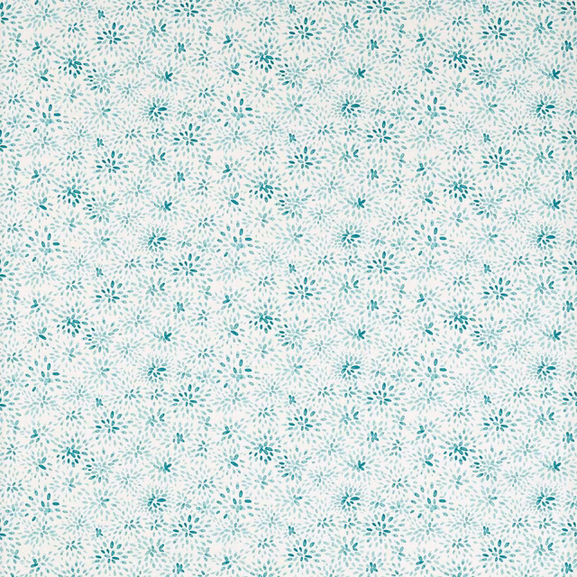 Cream textile scattered with fine turquoise floral sprigs in a small repeat