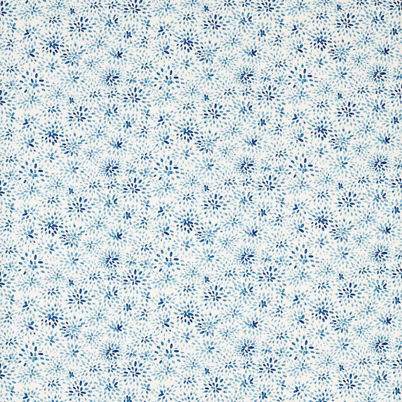 Dense tiny cobalt and pale blue floral sprays across an ivory textile ground