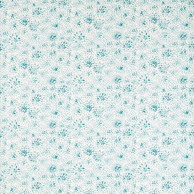 Pale mineral PVC textile with scattered teal leafy sprigs and fine mottling