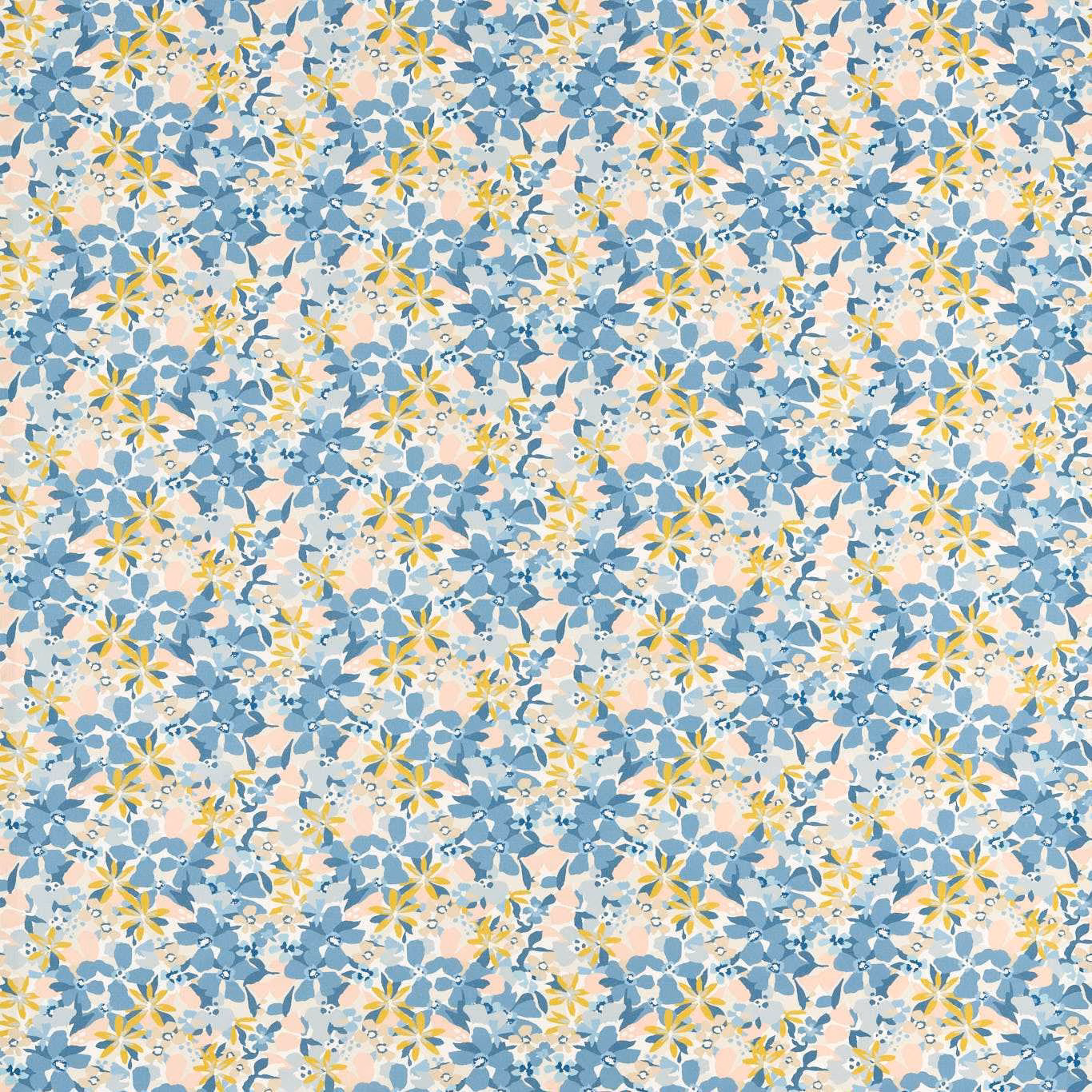 Dense small floral pattern in cool denim blue with yellow, cream and peach accents