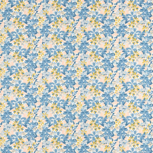 Dense small floral pattern in cool denim blue with yellow, cream and peach accents
