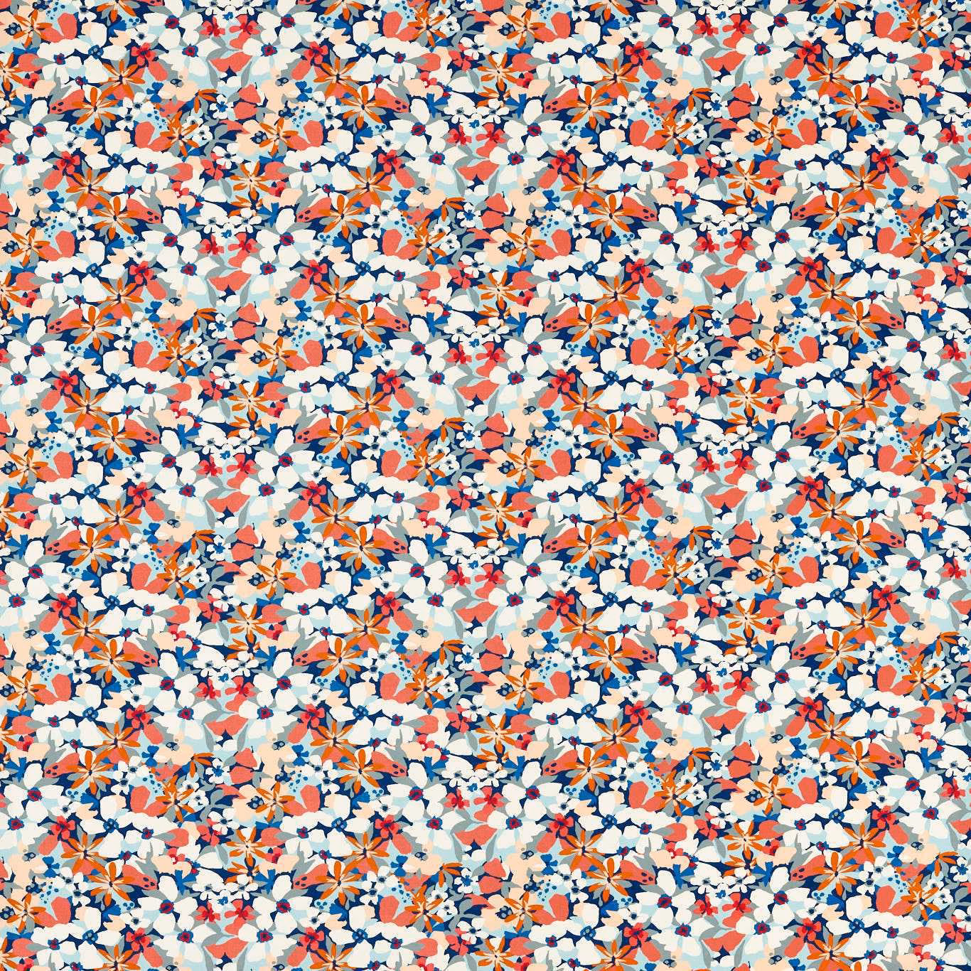 Dense coral and navy floral print on a pale blue-white ground