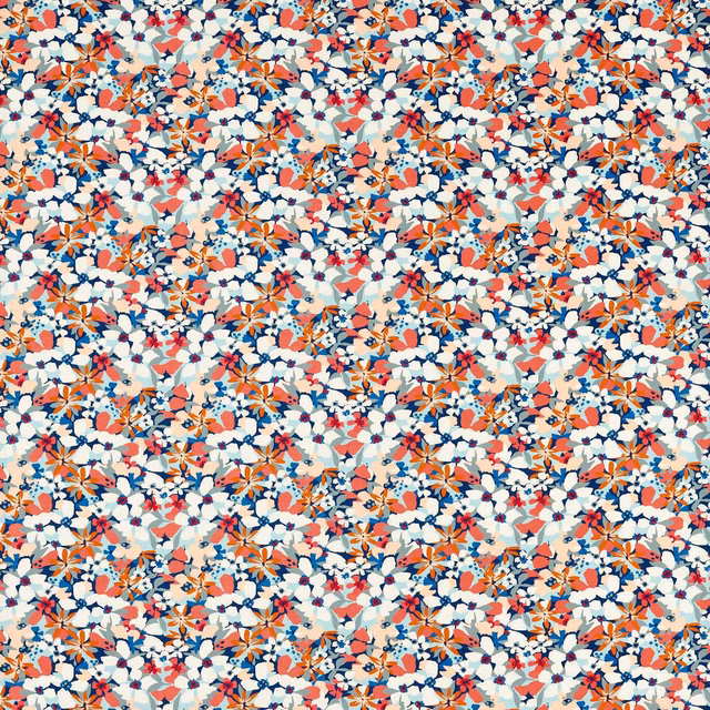 Dense coral and navy floral print on a pale blue-white ground