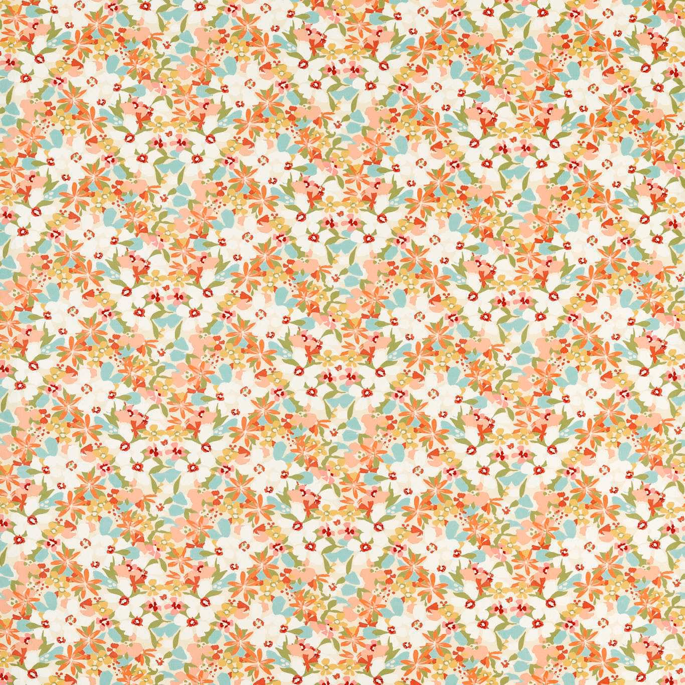 Dense small floral print in coral, peach, aqua and red on cream