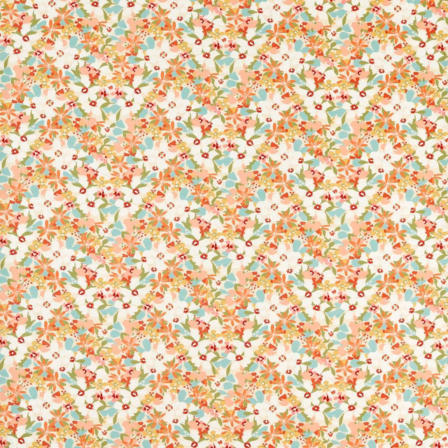 Dense small floral print in coral, peach, aqua and red on cream