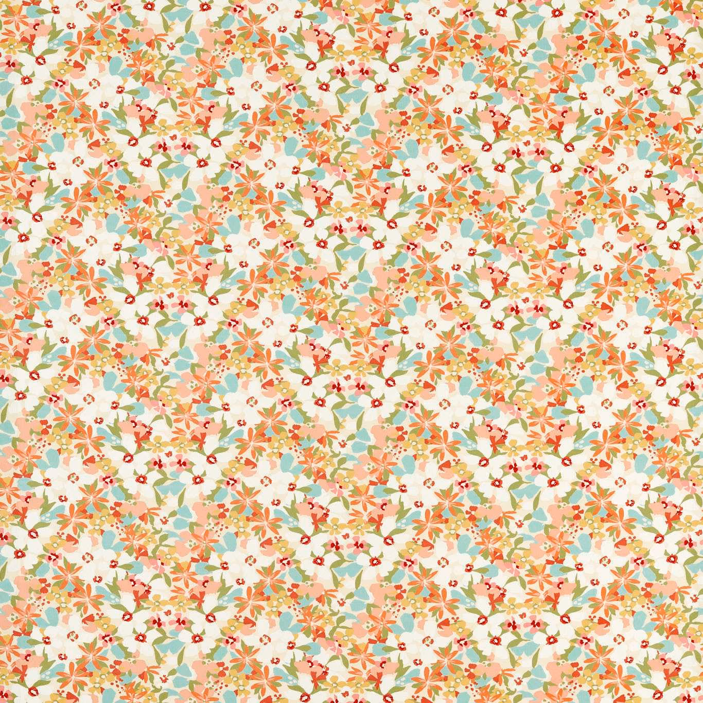 Dense coral, apricot, mint and cream floral print with tiny red flowers