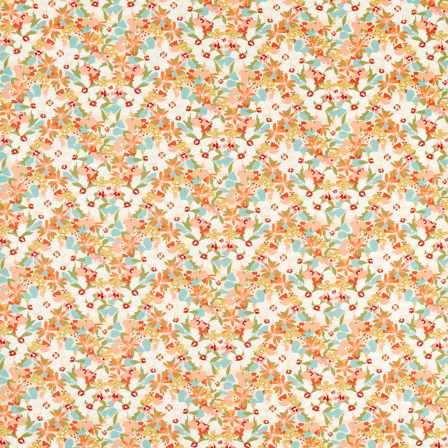 Dense coral, apricot, mint and cream floral print with tiny red flowers