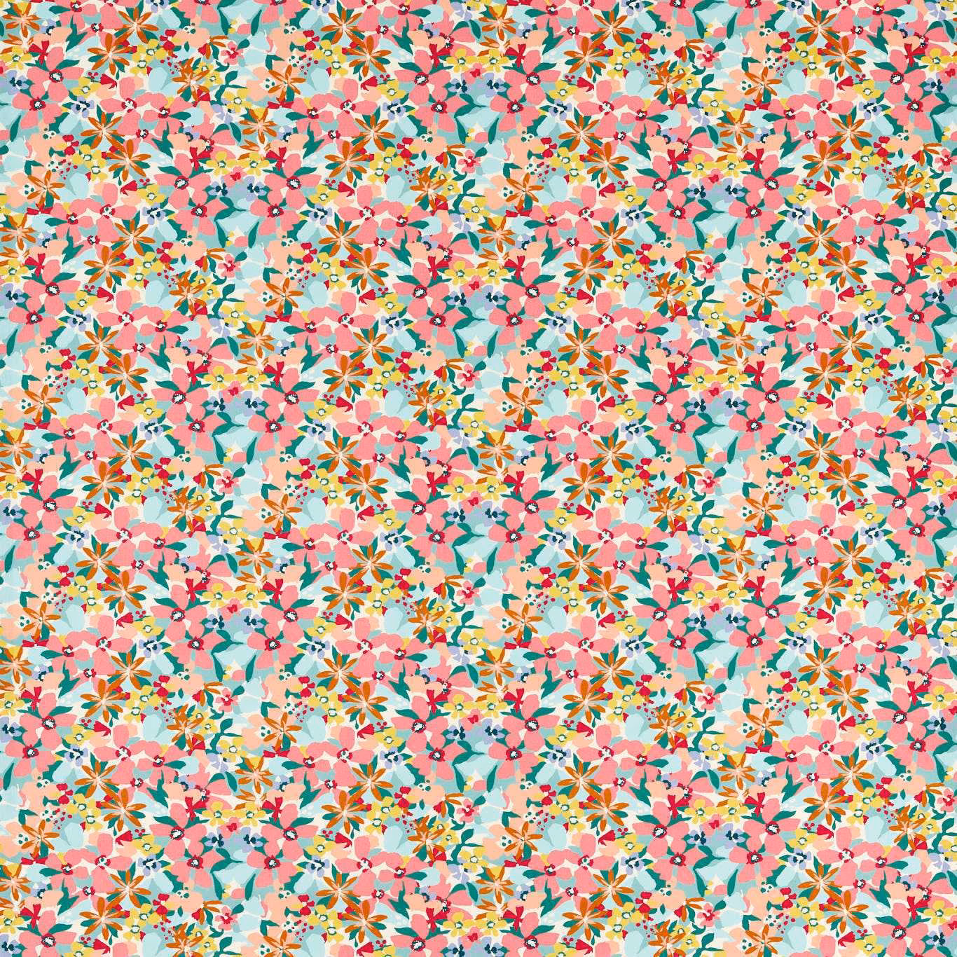 Turquoise ground with densely scattered coral pink, cream and ochre flowers