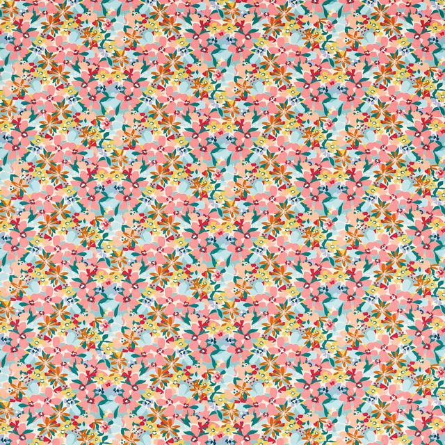Turquoise ground with densely scattered coral pink, cream and ochre flowers