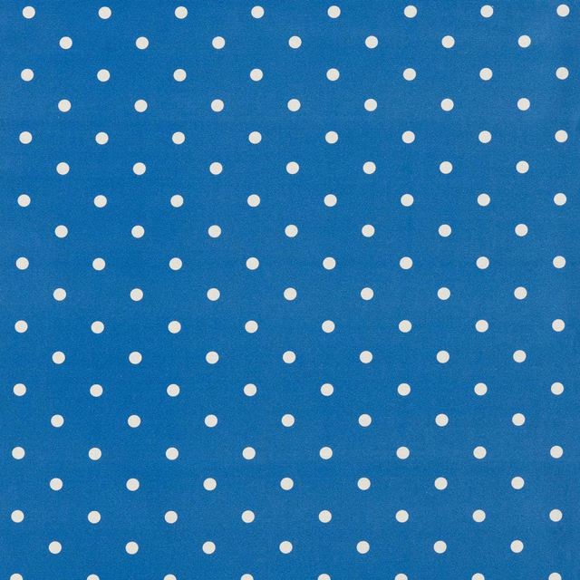 Cobalt blue woven fabric with evenly spaced small cream polka dots