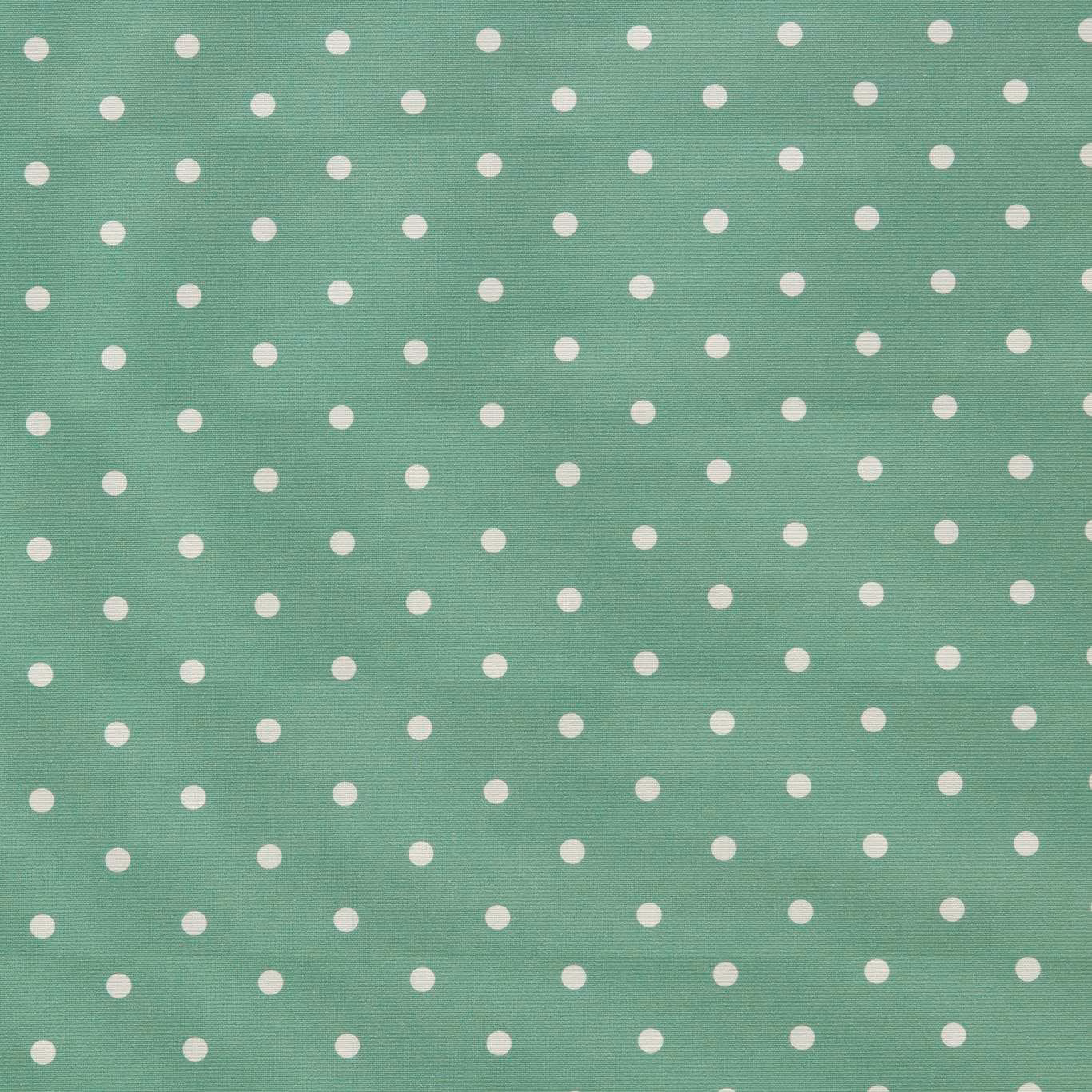 Muted jade-green woven fabric with small staggered warm-ivory polka dots