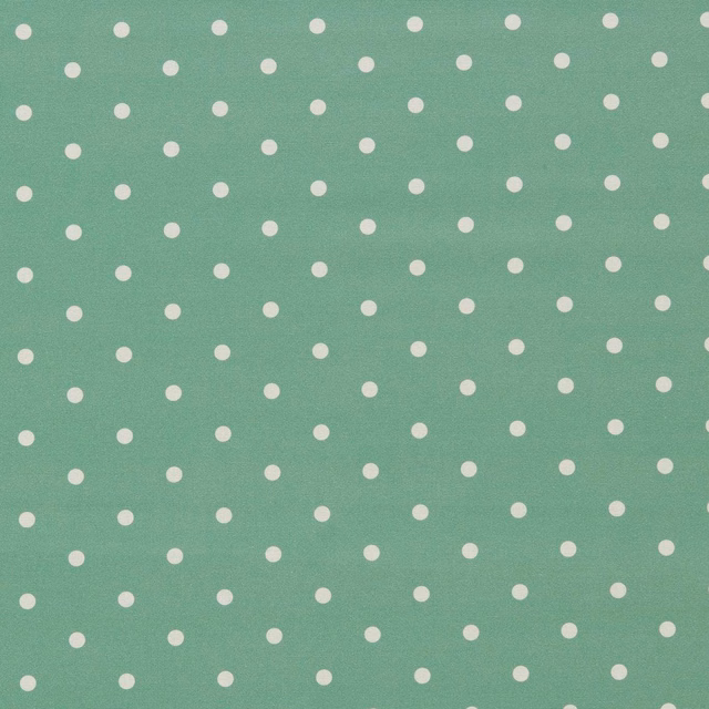 Muted jade-green woven fabric with small staggered warm-ivory polka dots