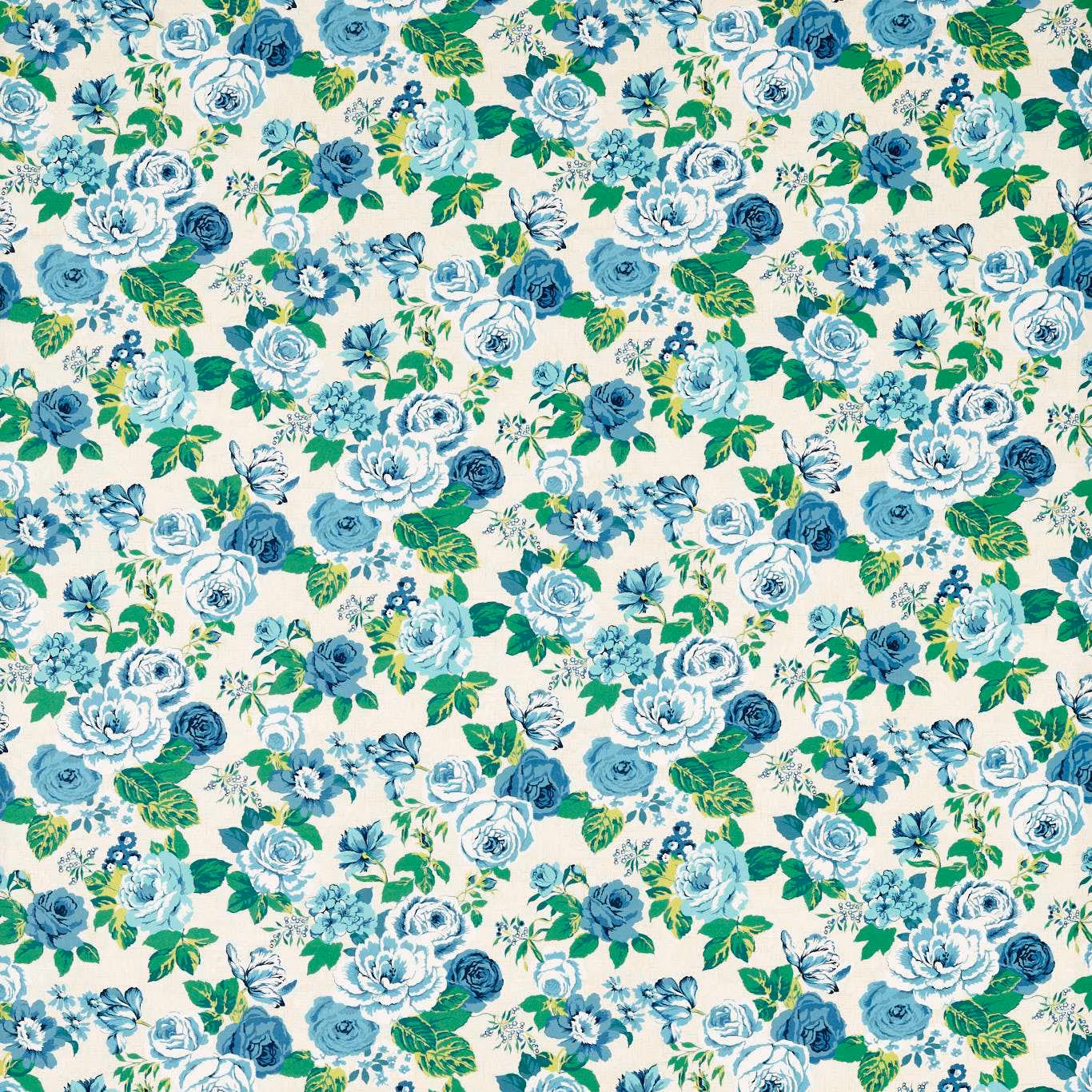 Cobalt, pale blue and green rose clusters on a cream floral ground