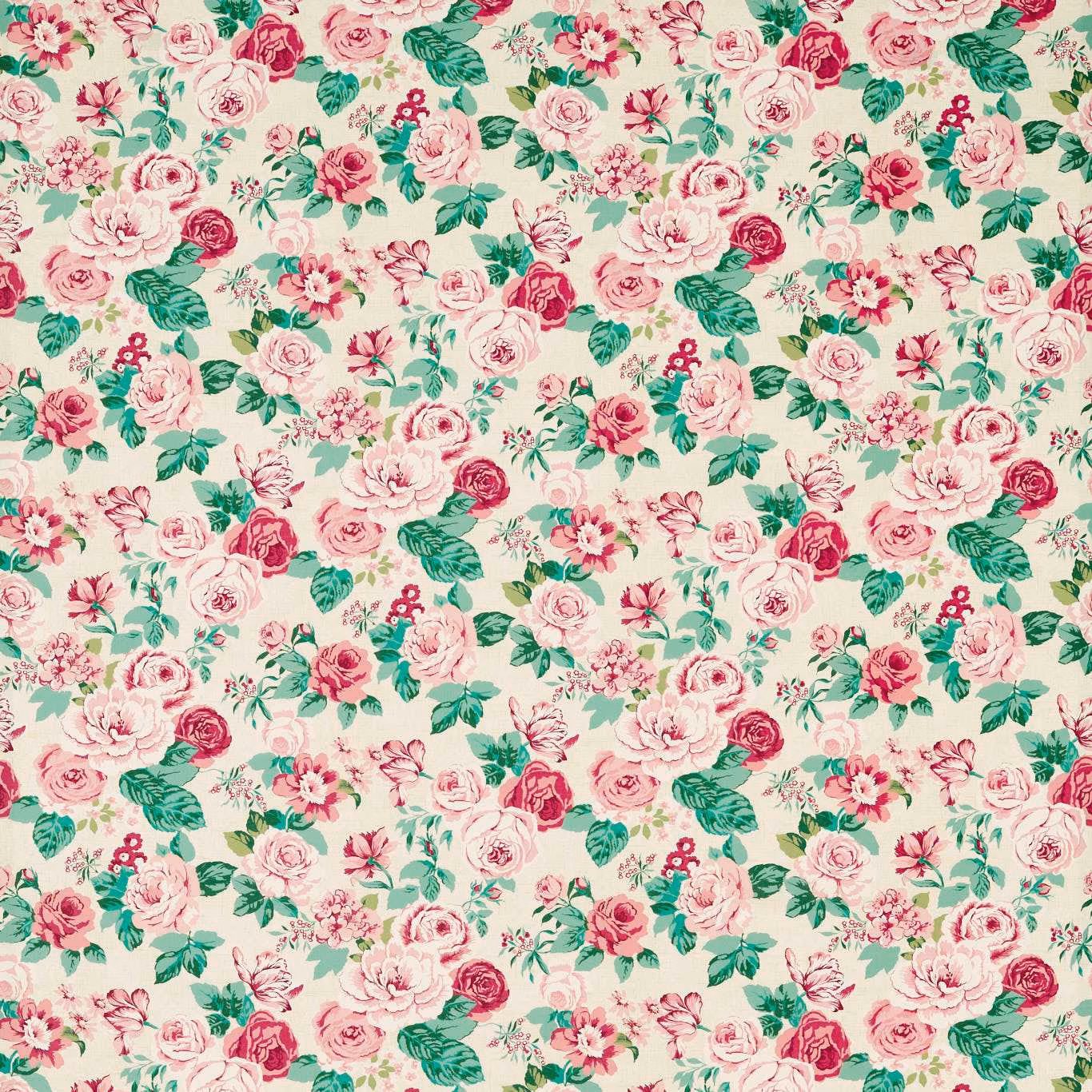 Blush pink roses and green foliage scattered across a warm cream floral textile