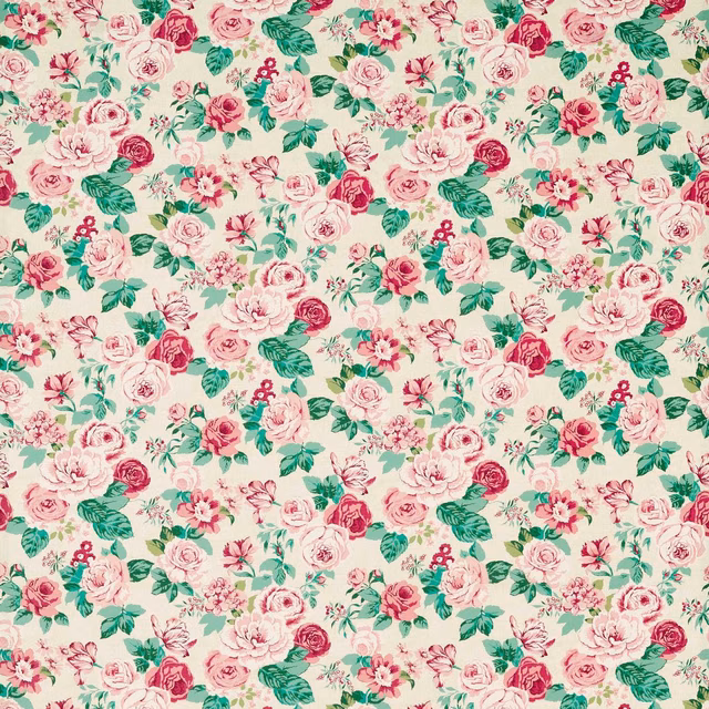 Blush pink roses and green foliage scattered across a warm cream floral textile