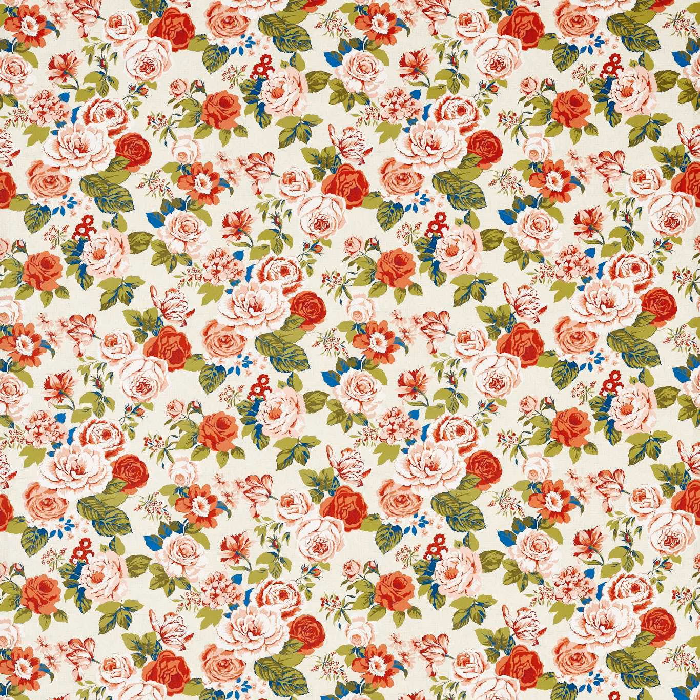 Cream floral fabric with spice-red roses, pink blooms, olive leaves and blue accents