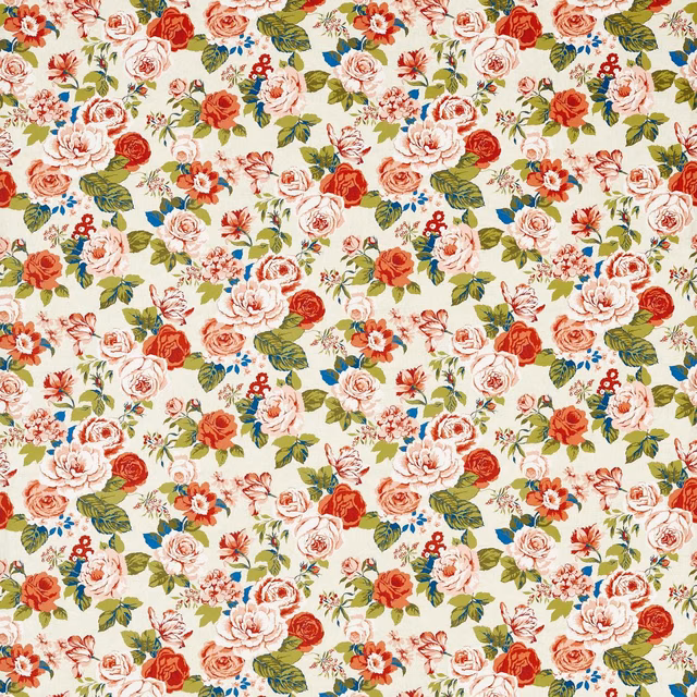 Cream floral fabric with spice-red roses, pink blooms, olive leaves and blue accents