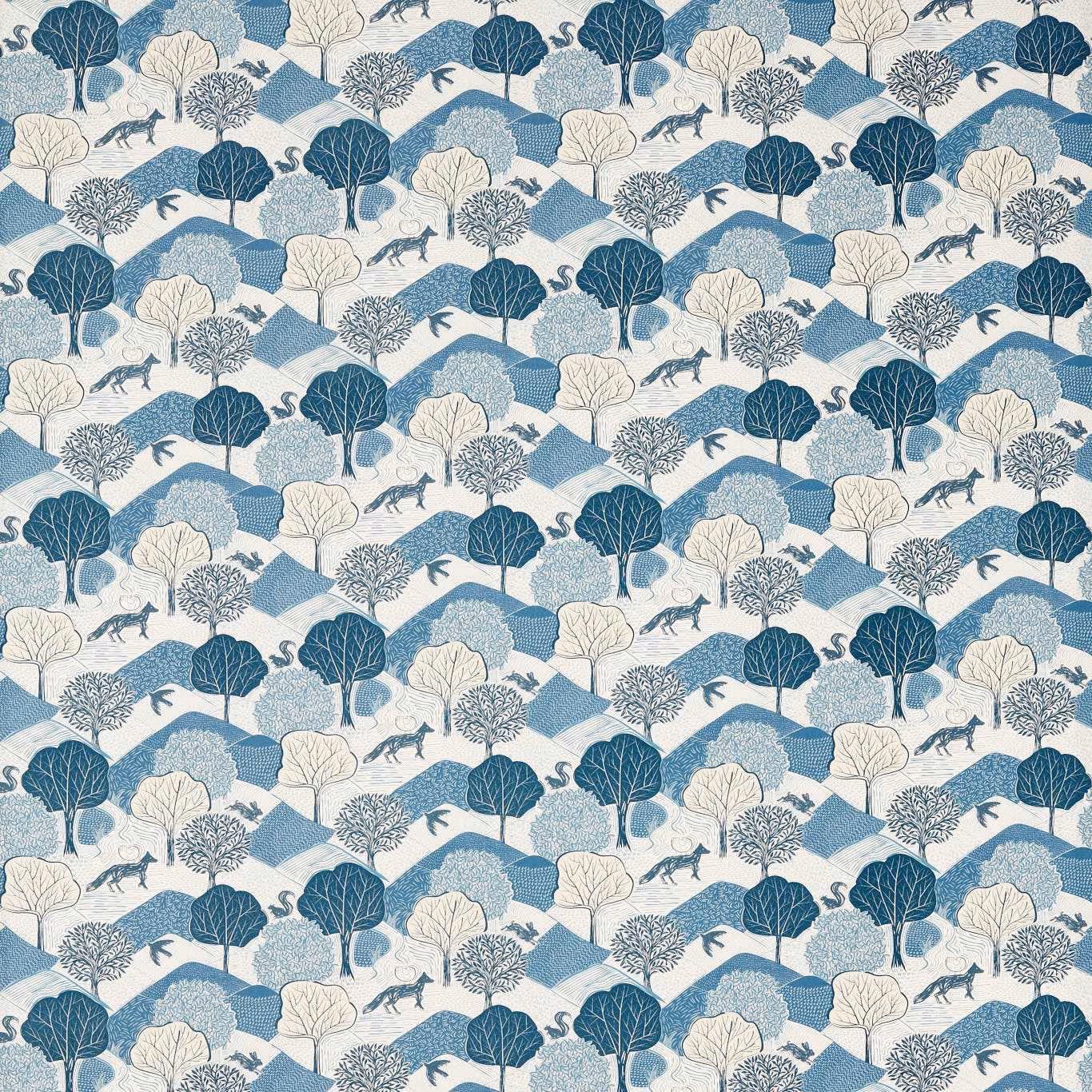 Midnight blue woodland fabric with cream trees, deer, birds and pale blue hills
