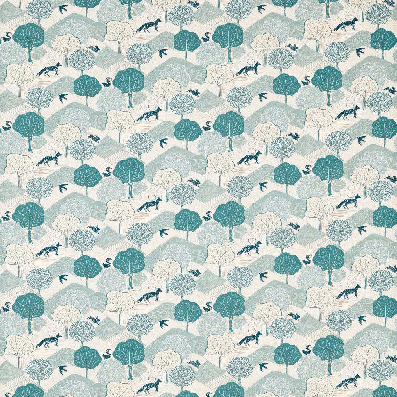 Pale mineral woodland fabric with teal trees, grey hills, birds and deer motifs