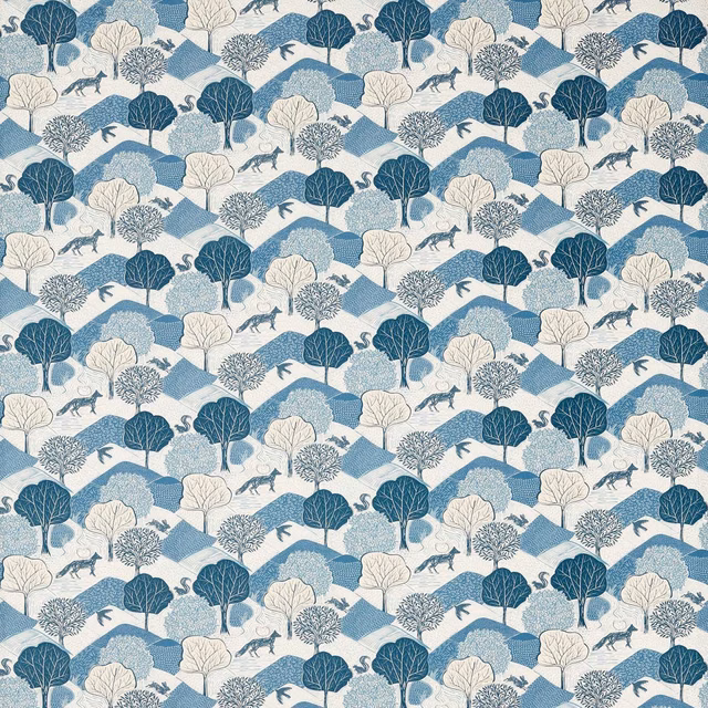 Midnight blue woodland fabric with pale trees, deer, birds and geometric hills