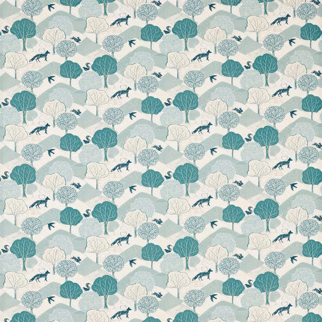 Mineral blue-grey woodland fabric with teal trees, deer, birds and pale foliage