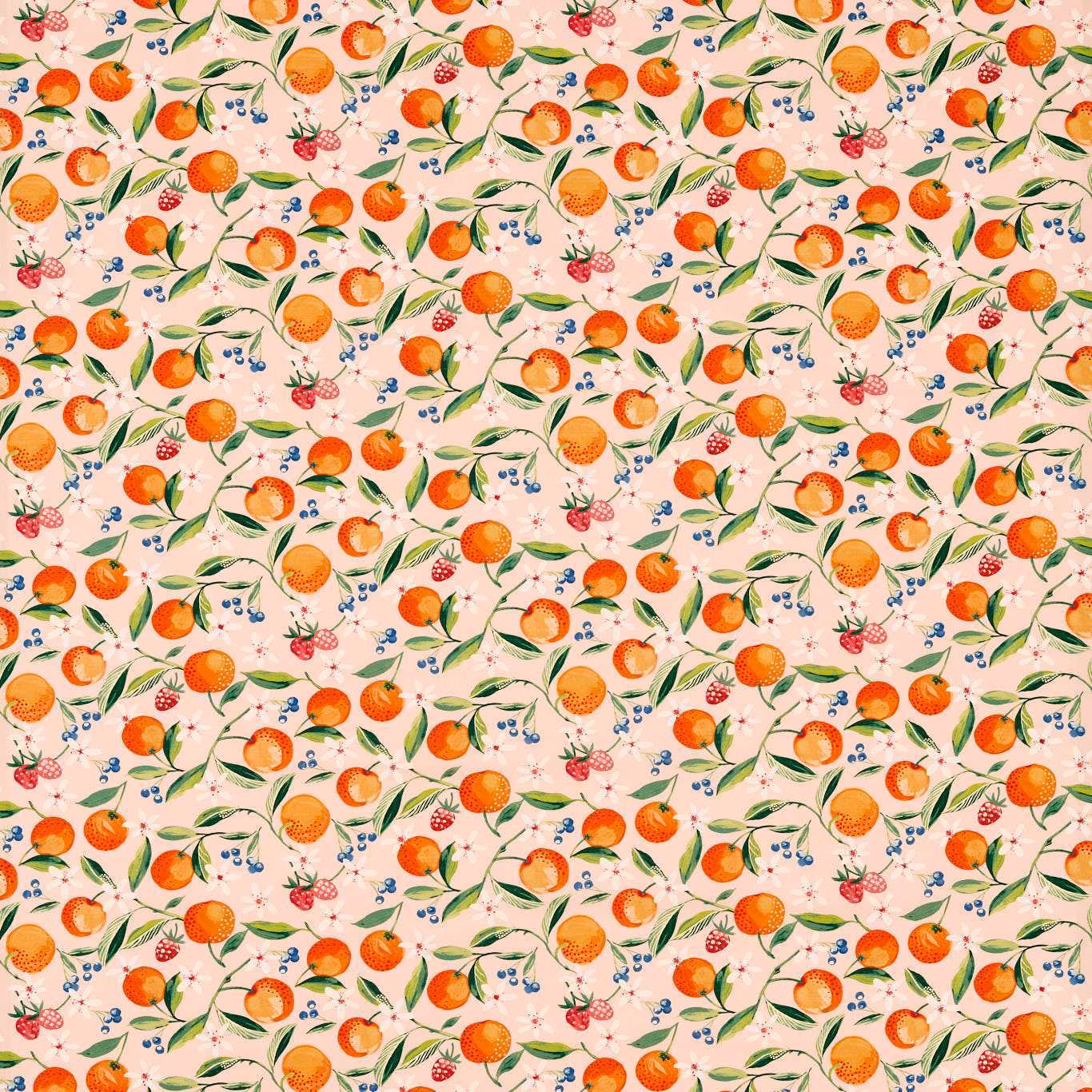 Peach blush fabric scattered with oranges, berries, green leaves and blue accents