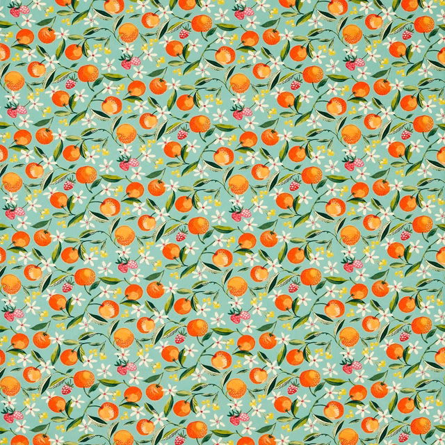 Jade green fabric with orange fruit, berries, white flowers and winding leafy stems