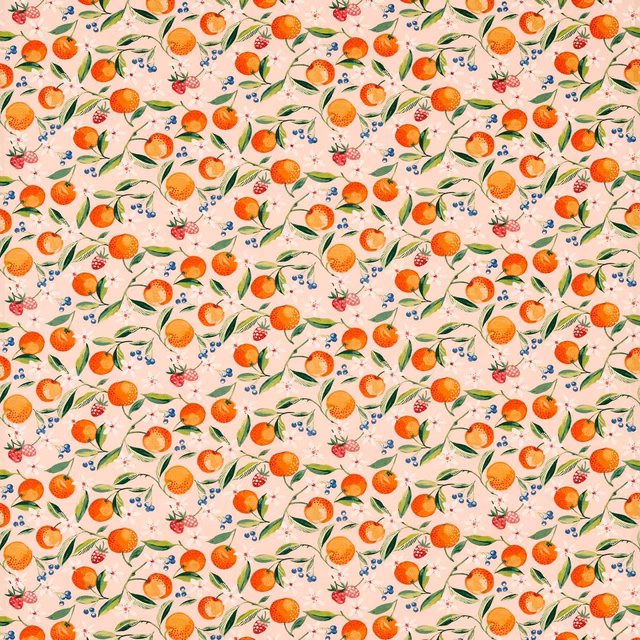 Blush pink fabric covered in repeating oranges, green sprigs, blue berries and red flowers