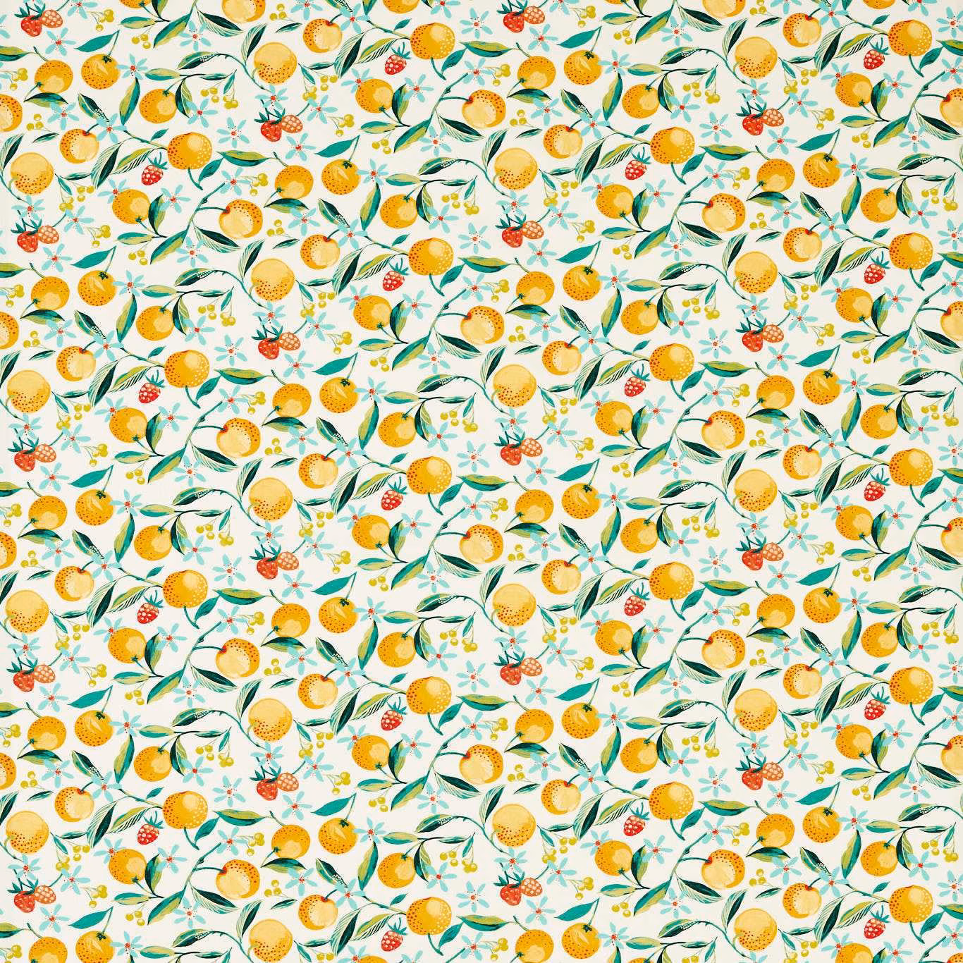 Cream botanical fabric with orange citrus, yellow fruit, green leaves and red berry accents