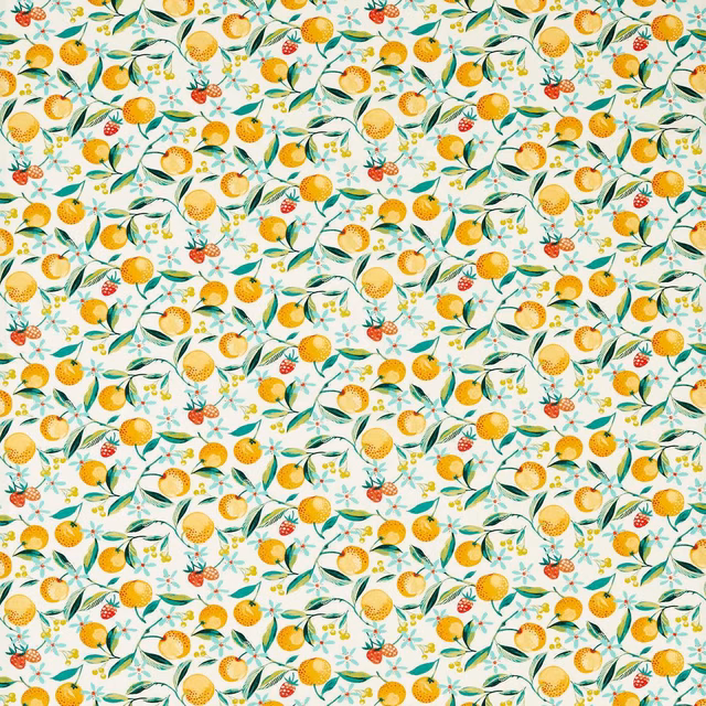 Cream botanical fabric with orange citrus, yellow fruit, green leaves and red berry accents