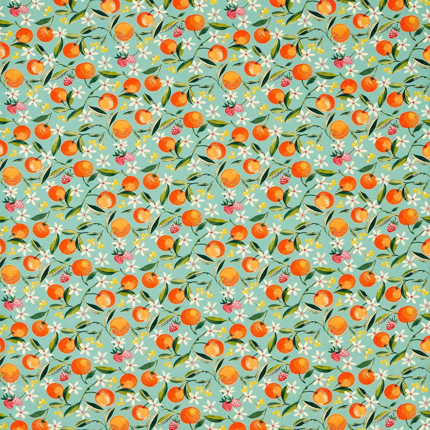 Jade teal textile scattered with orange fruit, white blossoms and pink berry clusters