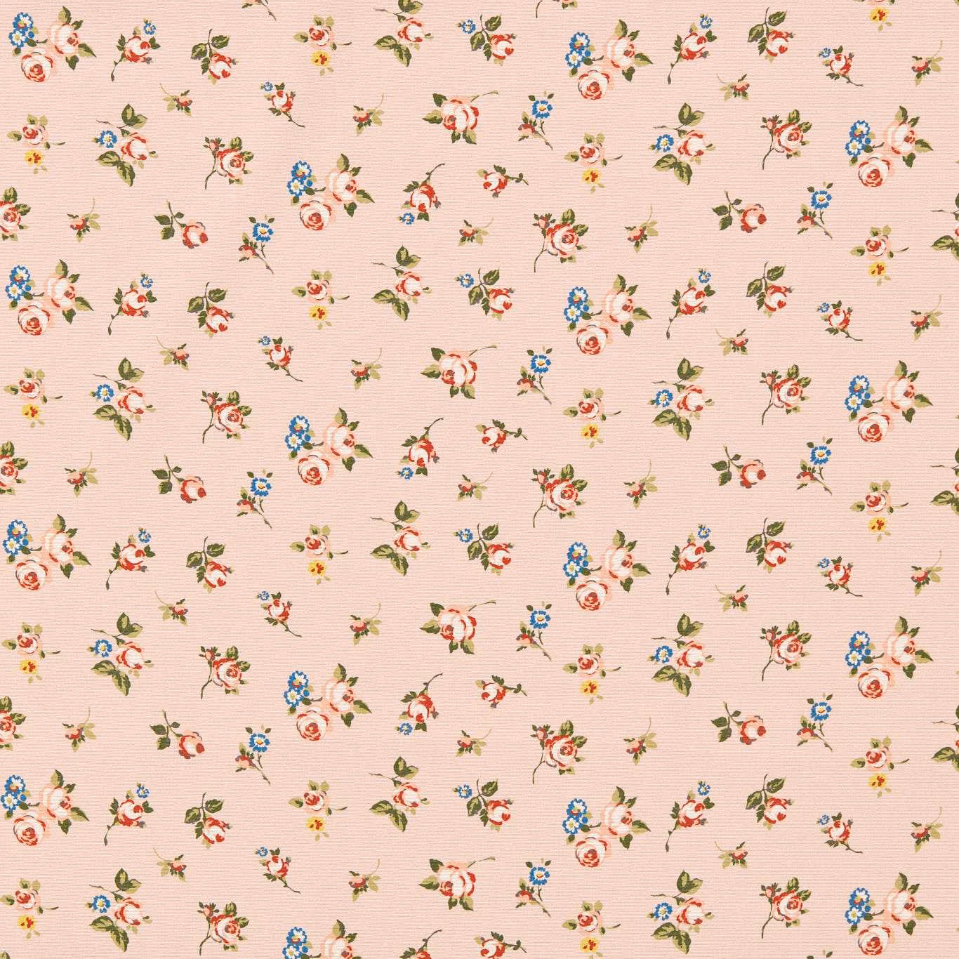 Blush-pink fabric with scattered tiny coral, blue, yellow and olive floral bouquets