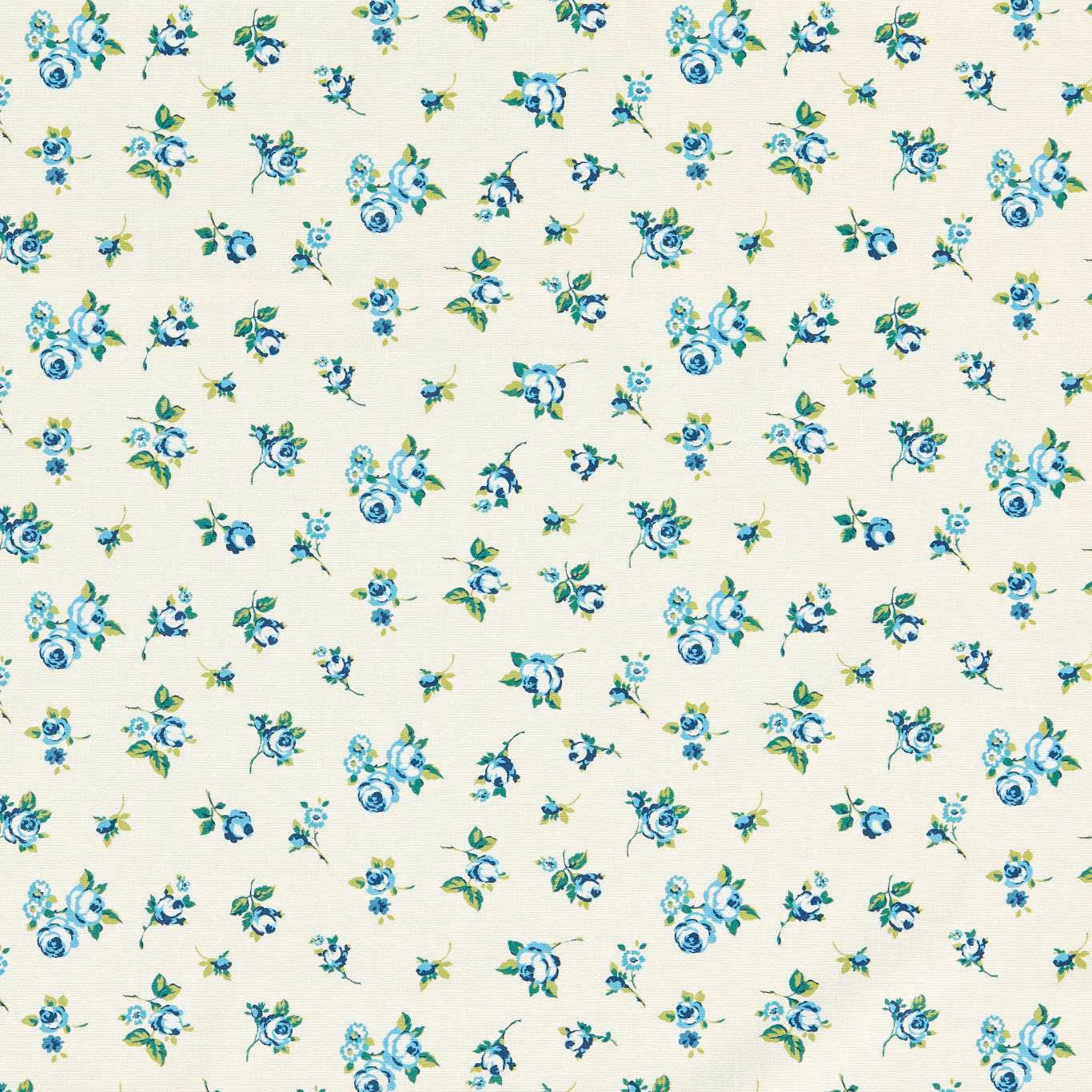 Cream fabric with scattered cobalt, turquoise and green floral sprigs