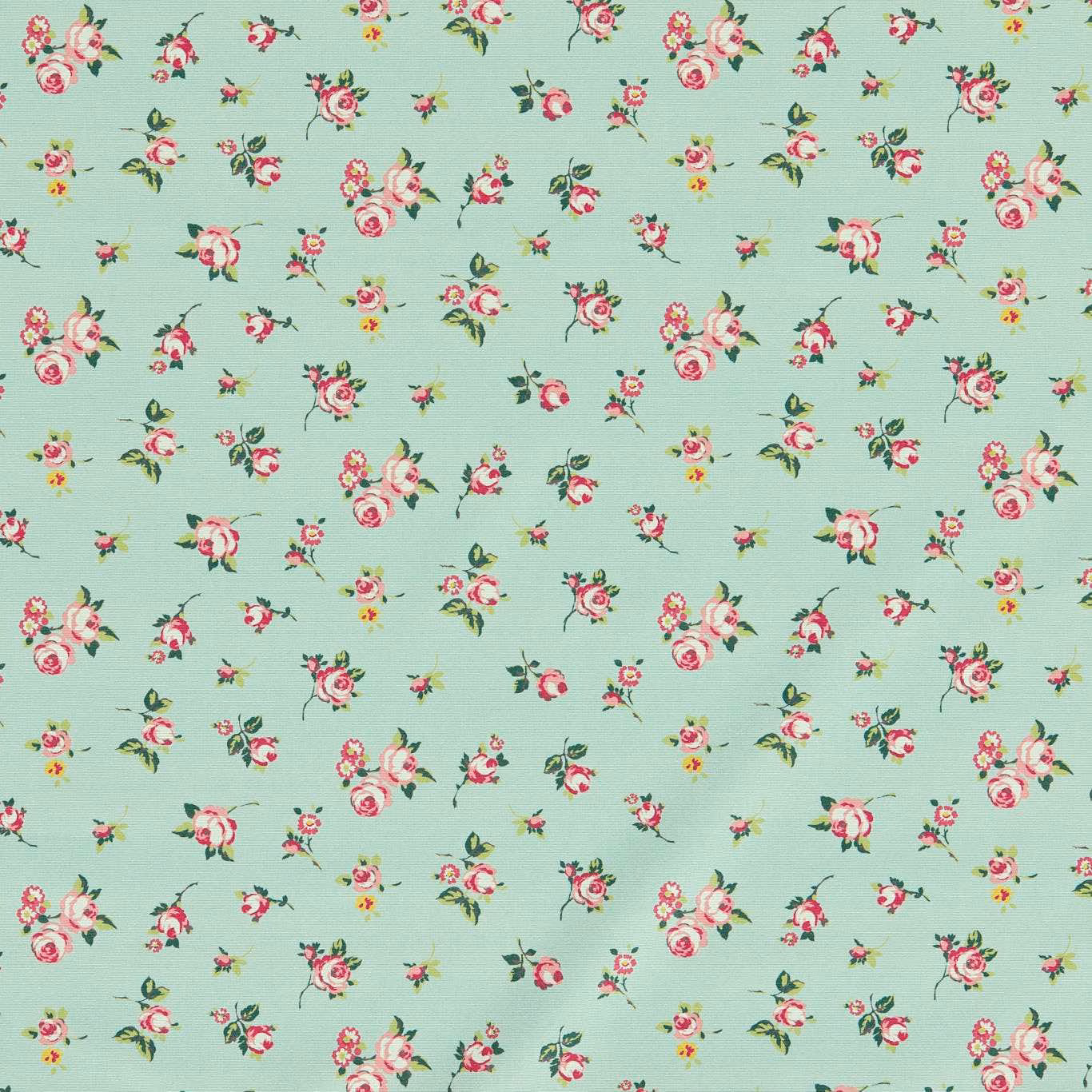Mint-green floral fabric with scattered pink roses, cream blooms and leafy sprigs