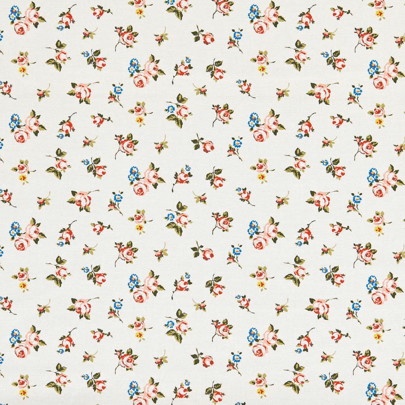 Cream woven fabric with scattered rose bouquets, blue flowers and green leaves