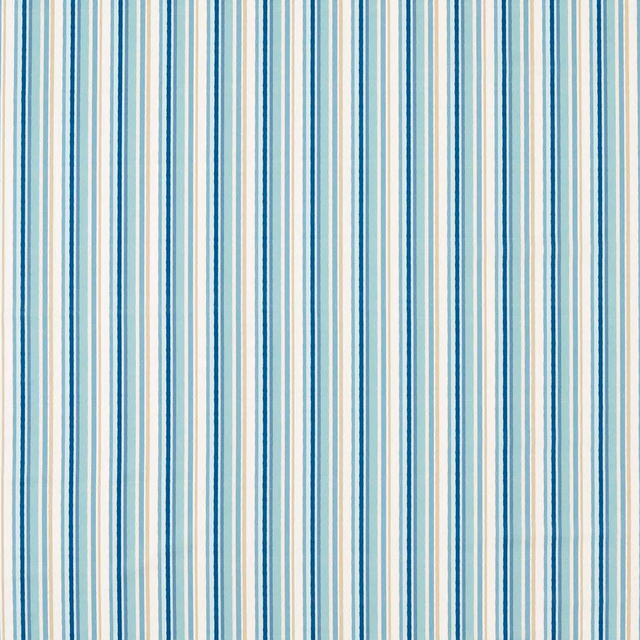 Cool denim-blue, teal and cream vertical stripe weave with irregular fine lines