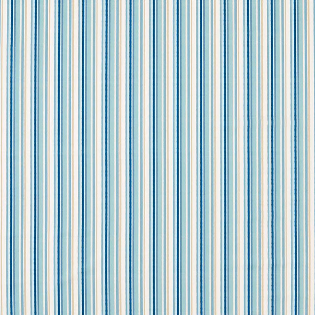 Cool denim-blue, aqua and ivory vertical stripes with a softly woven surface