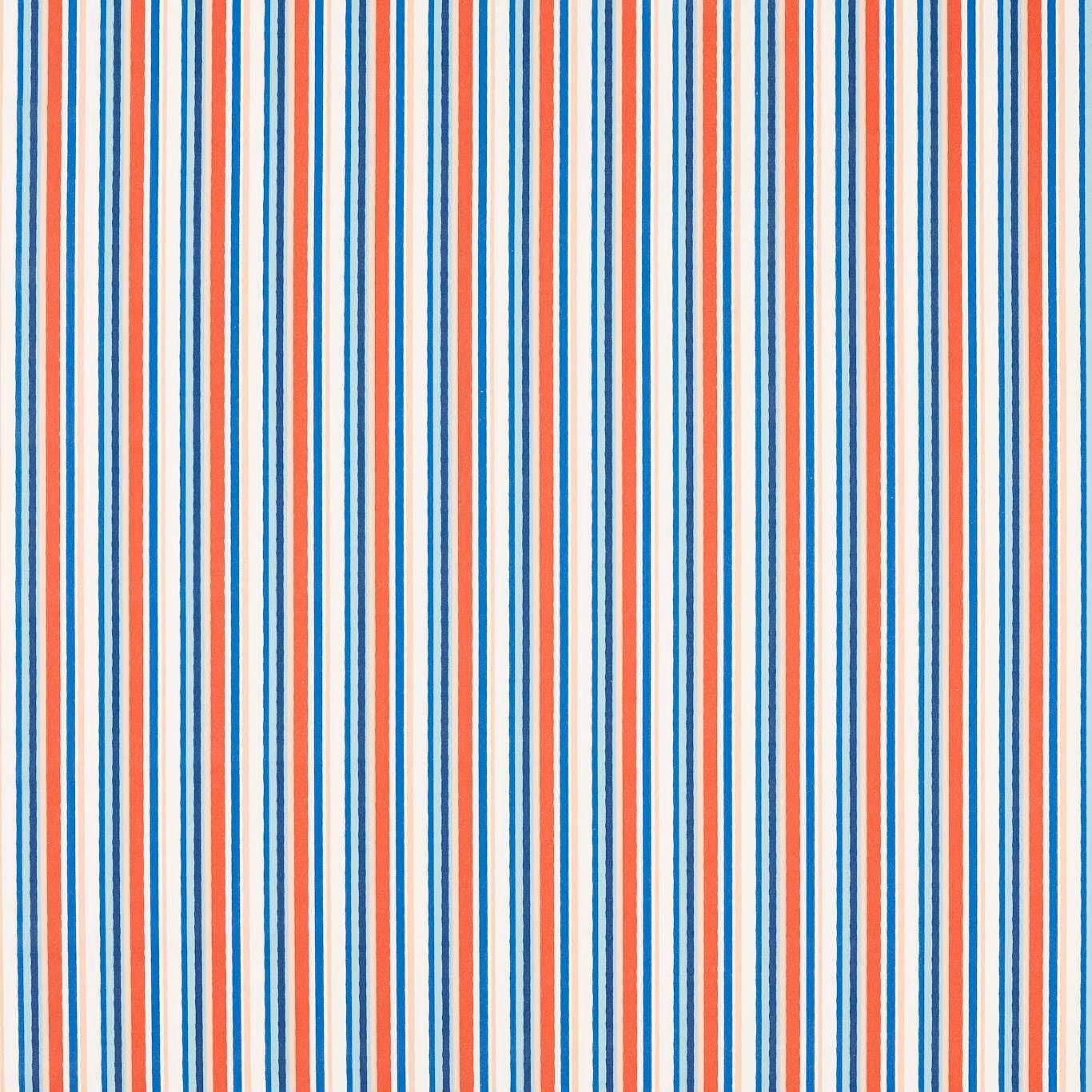 Cream fabric with narrow vertical blue and spice-red stripes and subtle surface texture