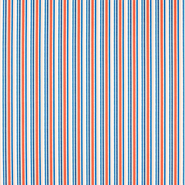 Cream fabric with narrow vertical blue and spice-red stripes and subtle surface texture