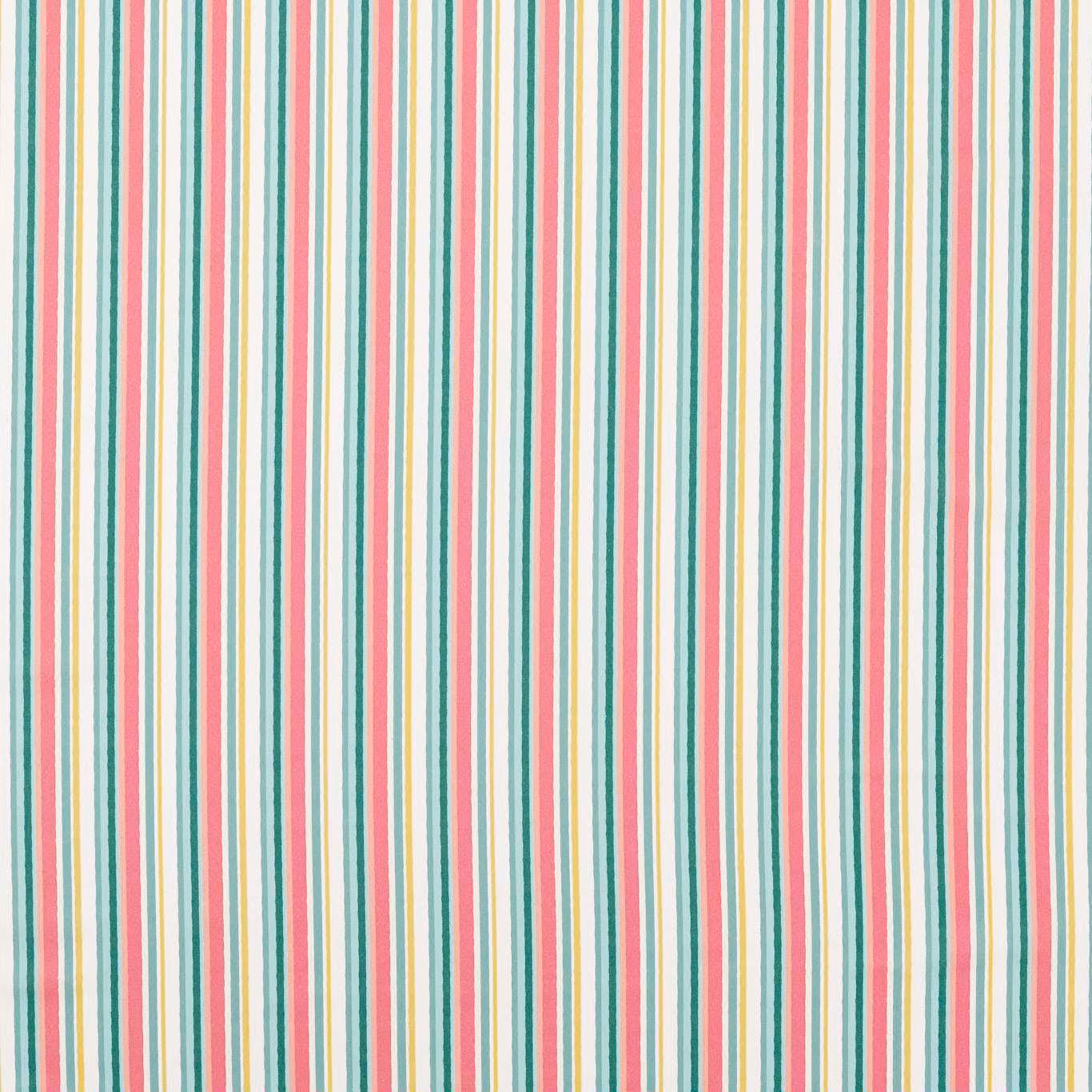 Narrow turquoise, coral, yellow and cream vertical stripes on an even fabric surface