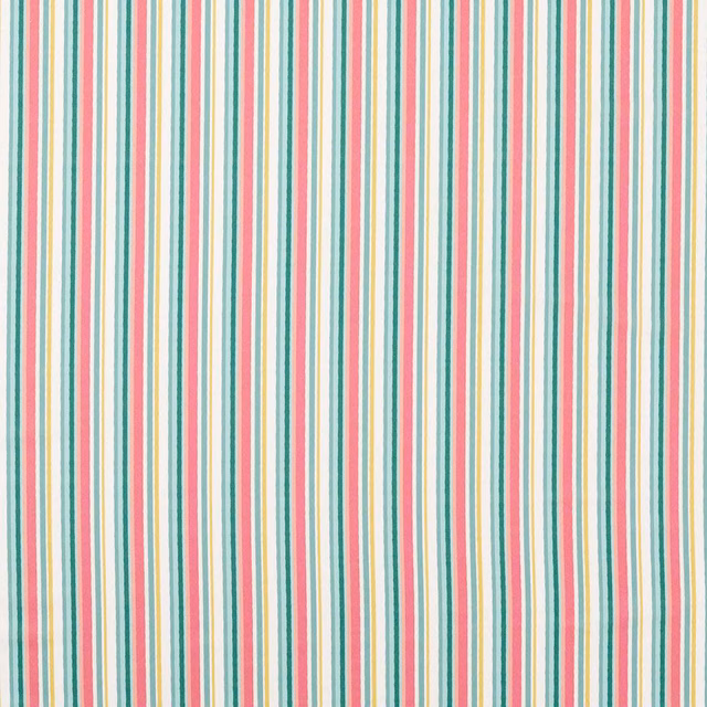 Narrow turquoise, coral, yellow and cream vertical stripes on an even fabric surface