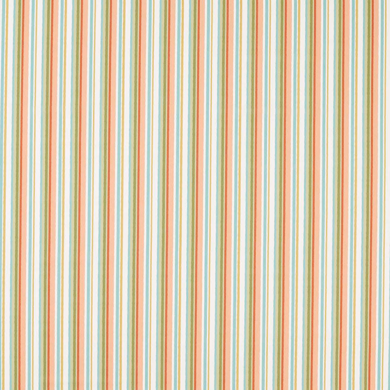 Warm ivory fabric with narrow coral, turquoise, sage and ochre vertical stripes